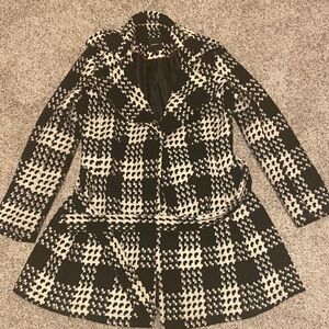 Y2K Express Black & White Houndstooth Swing Coat Belted Double Breasted
